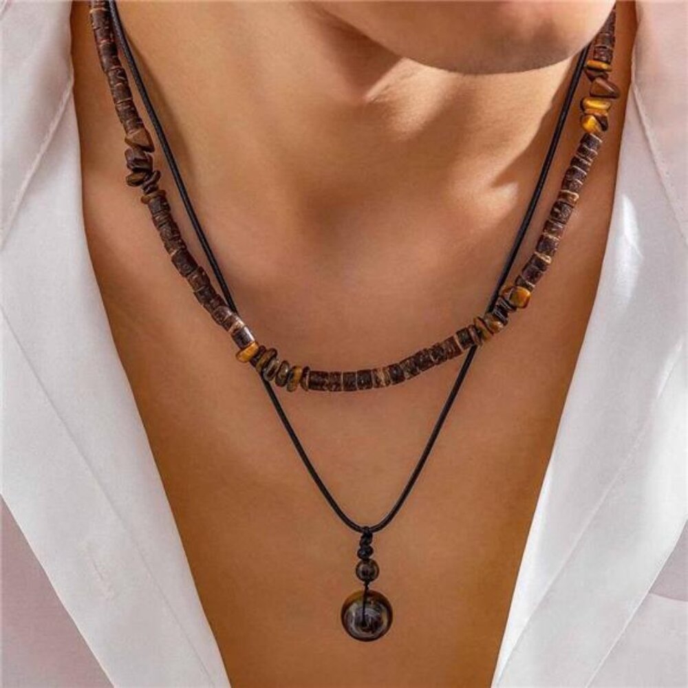 Layered Boho Necklaces For Men Stackable Wooden B… - image 4